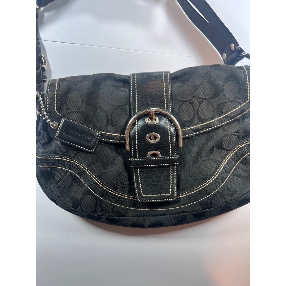Coach Soho Flap Bag Women Medium Black Signature Canvas Leather 10603 Buckle